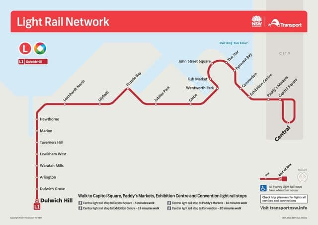 シドニーの路面電車の駅の地図